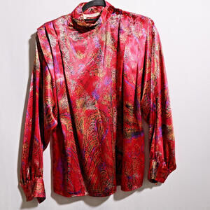 VTG 80s Tess Paris‎ Red Satin Blouse Abstract Disco Secretary Retro Statement 10